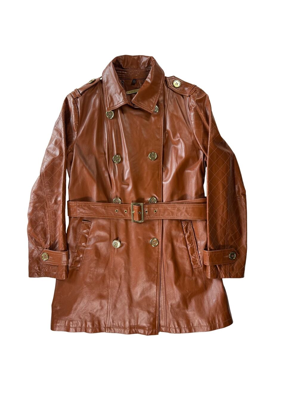Iman Brown Cognac Leather Jacket Trench Coat Lined Belted Women’s Large